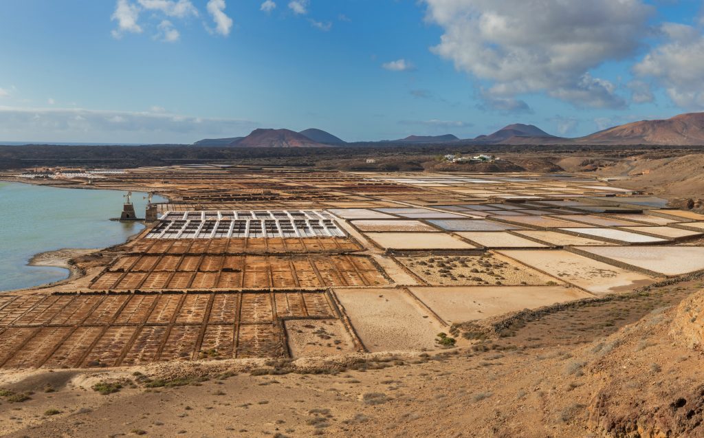 The Salinas de Janubio of Lanzarote seen from a nearby hillside