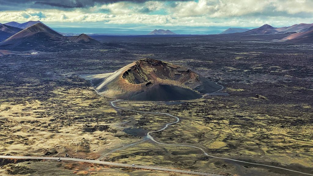 An aerial view of Montaña Cuervo on Lanzarote