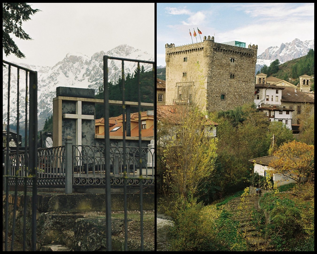 Cementerio de Potes (Left) & The Tower of Infantado (Right) in Potes in Cantabria